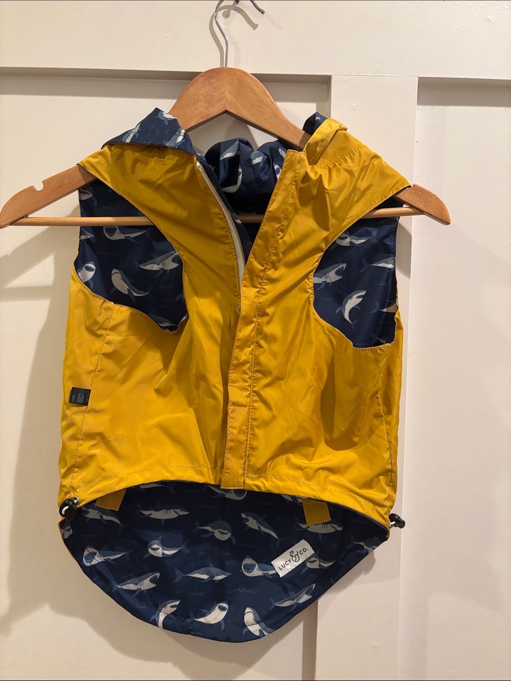 Lucy Yellow Reversible Hooded Kids Vest with Navy Shark Lining